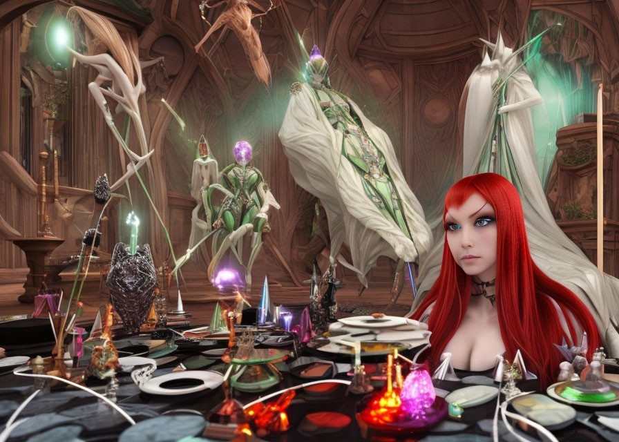 Red-haired woman at ornate desk with magical artifacts and luminescent plants