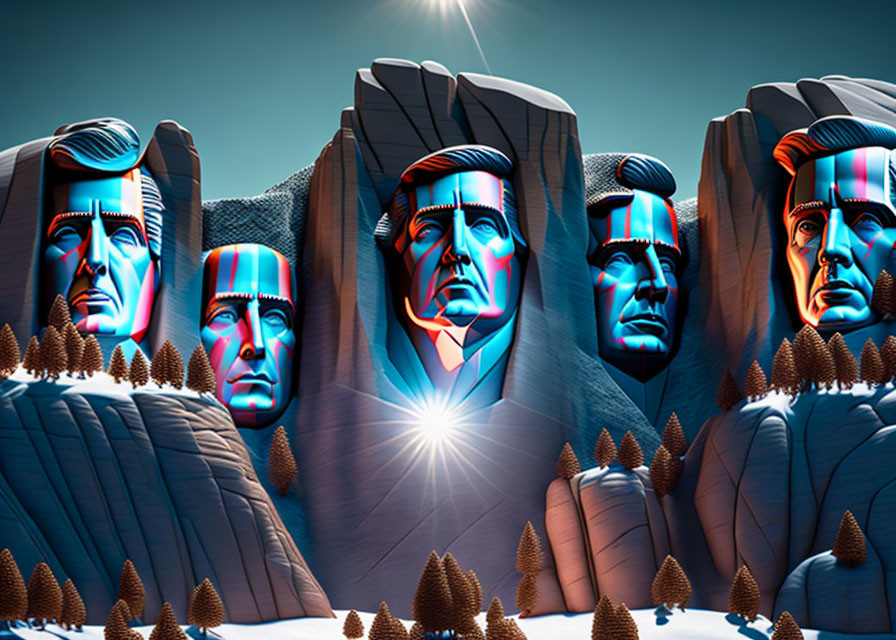 Surreal landscape: Five blue human faces carved in mountain range