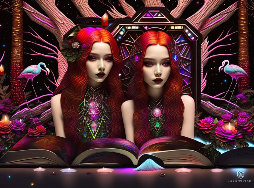 Twin fantasy figures with red hair in mystical setting