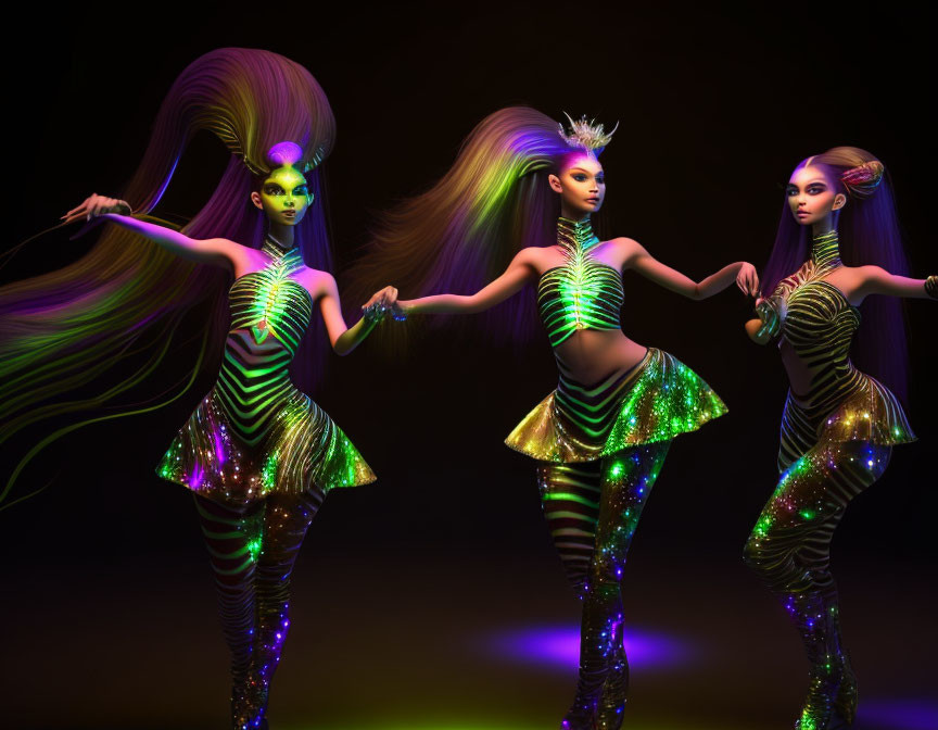 Colorful 3D-rendered female figures with neon outfits on dark background