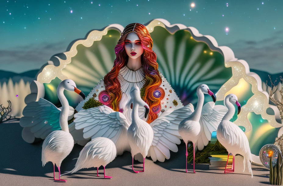 Colorful Hair Woman Surrounded by Swans and Cosmic/Natural Motifs