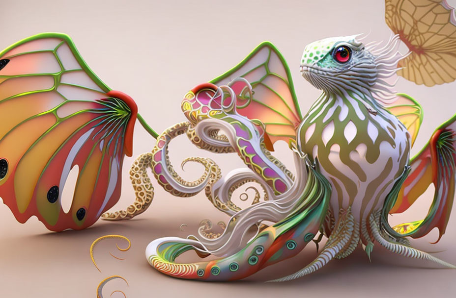 Colorful Fantastical Creature with Butterfly Wings and Tentacles on Soft Background