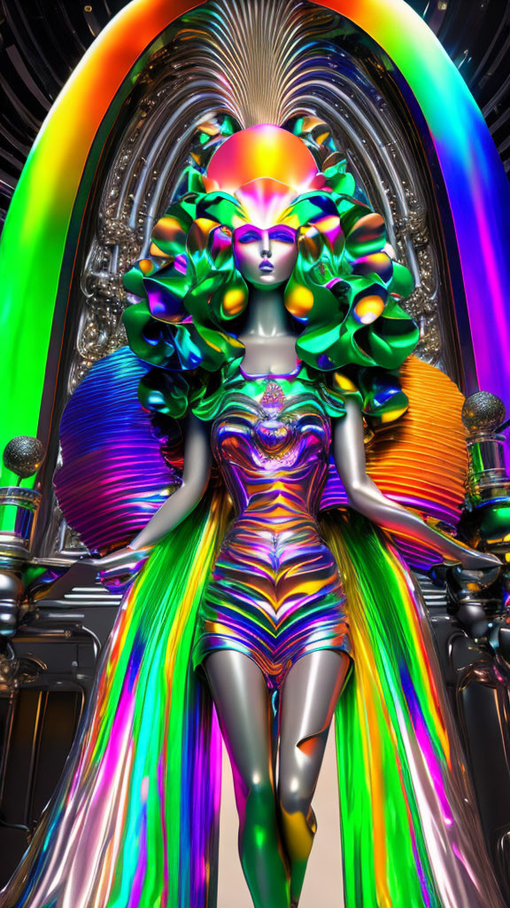 Colorful futuristic character with iridescent skin in metallic outfit