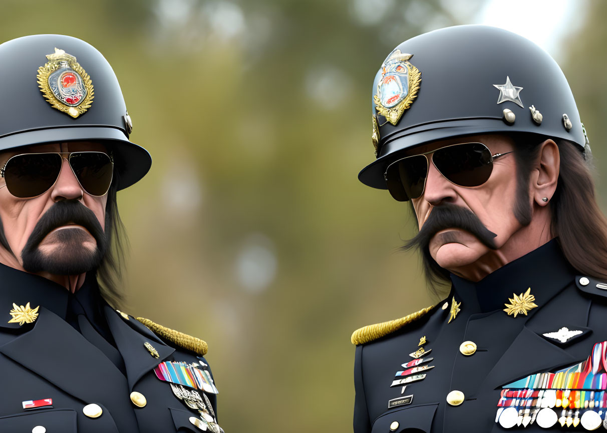 Military individuals in ornate uniforms with medals and sunglasses against blurred foliage.