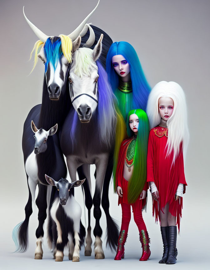 Colorful fantasy humanoid creatures with animal features posing with unicorn and goat