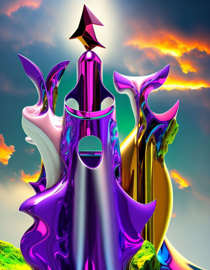 Vibrant Purple and Gold 3D Abstract Art in Surreal Sky