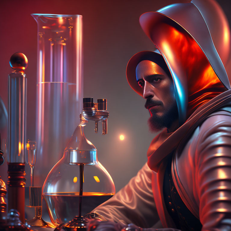 Futuristic armor-clad person with somber expression near scientific glassware