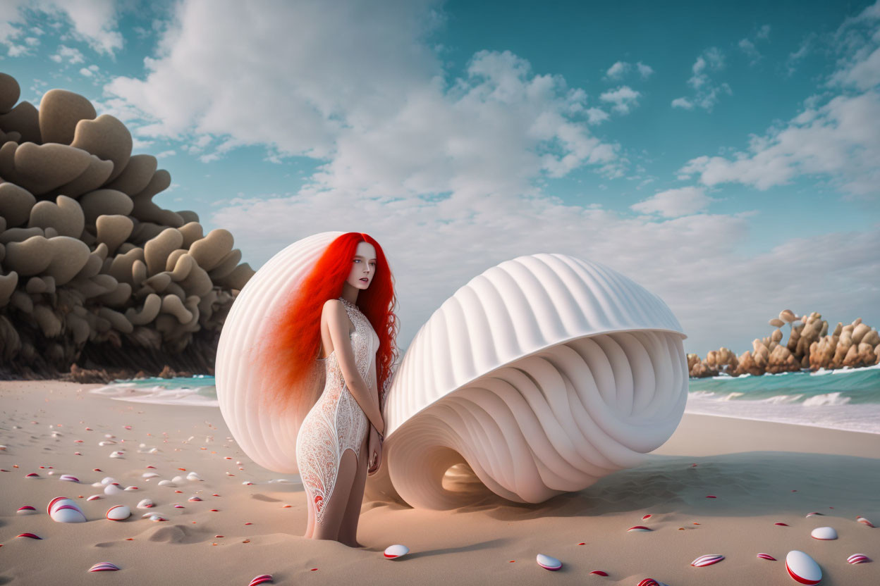 Vibrant red-haired woman in pearl shell on surreal beach landscape