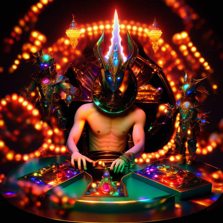 Futuristic DJ with helmet mixing under vibrant lights