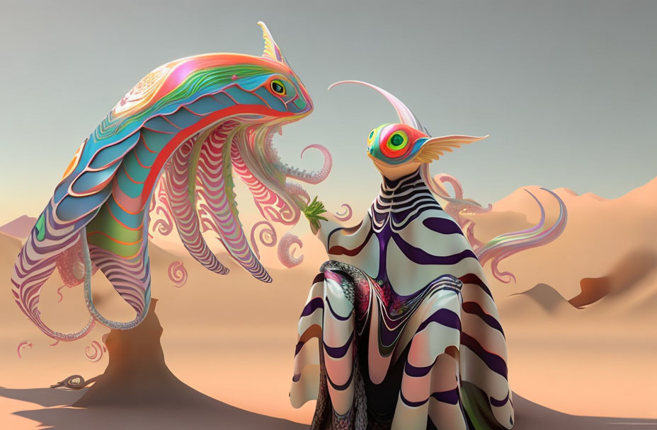 Colorful surreal alien creatures in desert landscape interaction