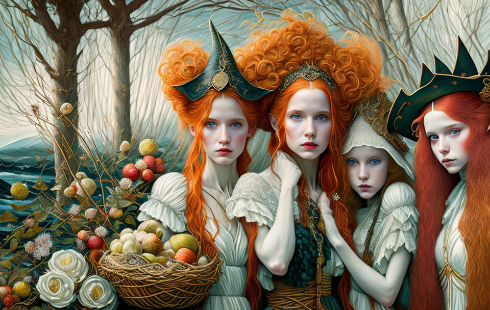 Ethereal women with red hair and crowns in fantastical forest setting