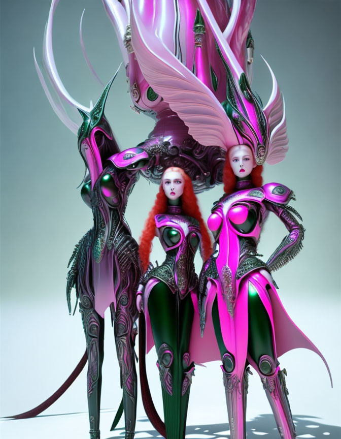 Avant-garde futuristic figures in pink and green costumes on light backdrop