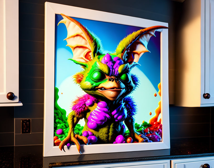 Colorful Cartoon Dragon with Large Ears and Wings on Digital Screen in Kitchen