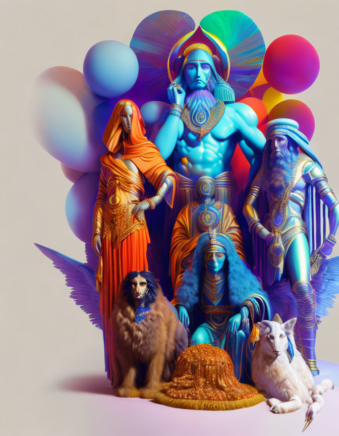 Vibrant Ancient Attire Figures with Dogs and Spheres