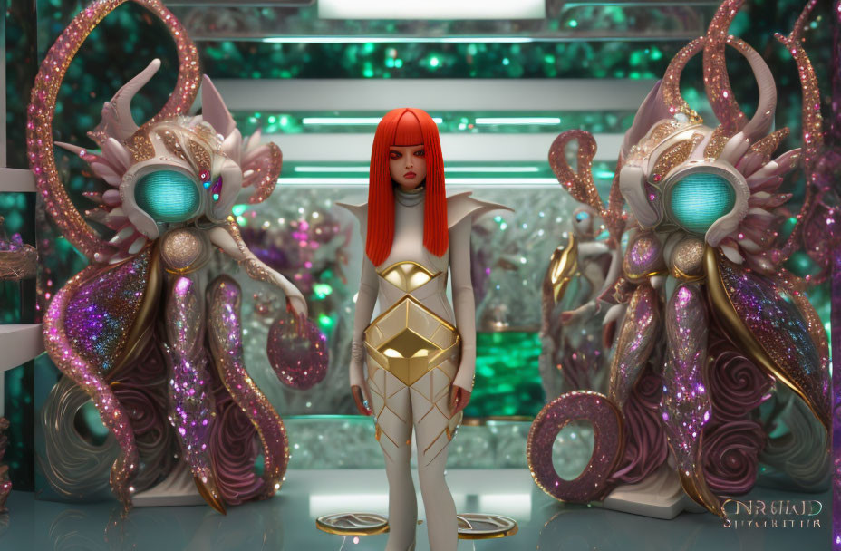 Red-haired female in white and gold suit with alien creatures