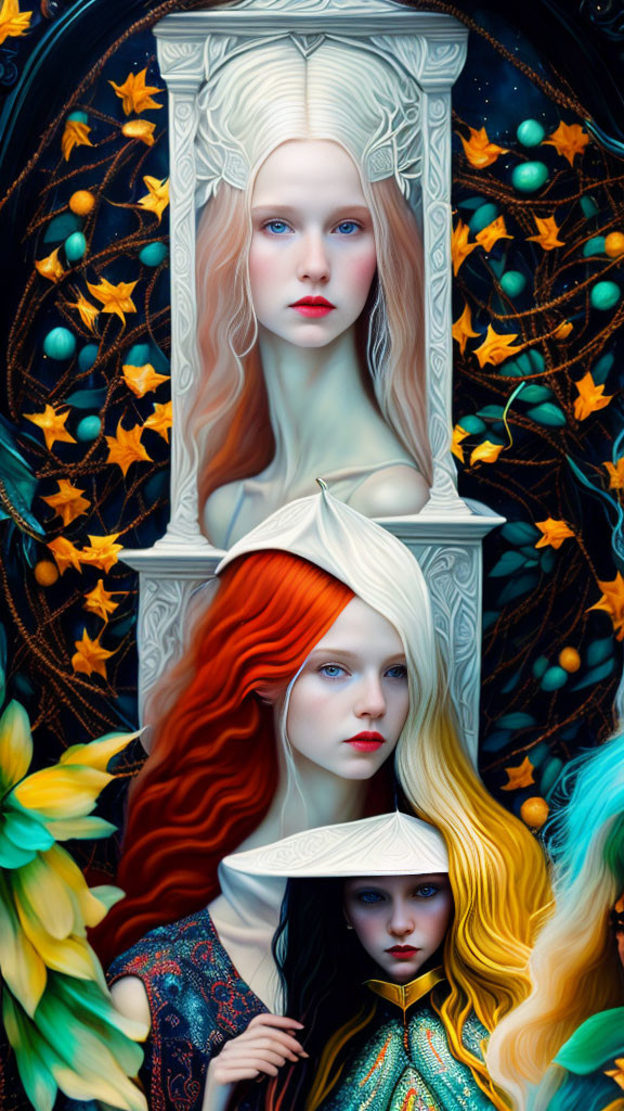 Four women with unique hair colors in ethereal fantasy theme.