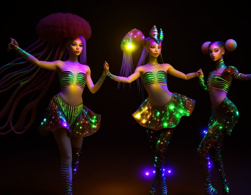 Vibrant futuristic female figures with glowing costumes and exaggerated hairstyles dancing.