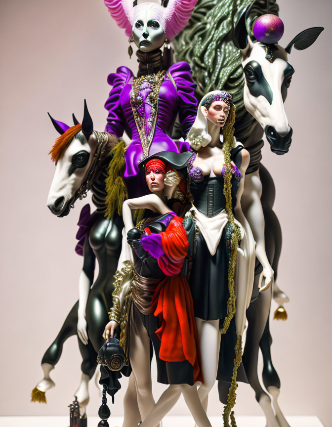 Colorful artistic photo: skeletal figure, 2 women on sculpted horses with ornate costumes