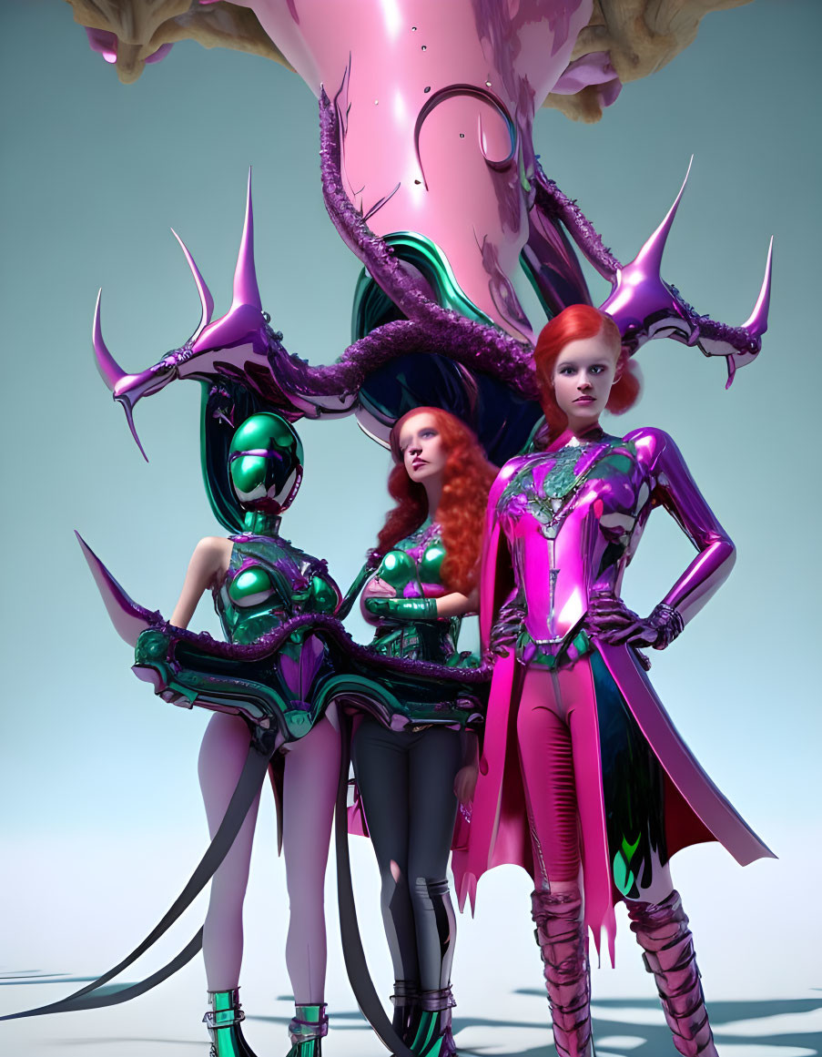 Futuristic women in shiny armor next to pink organic structure