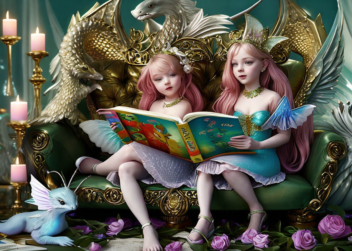 Fantastical fairy-like girls reading book on green sofa with mythical creatures and pink roses