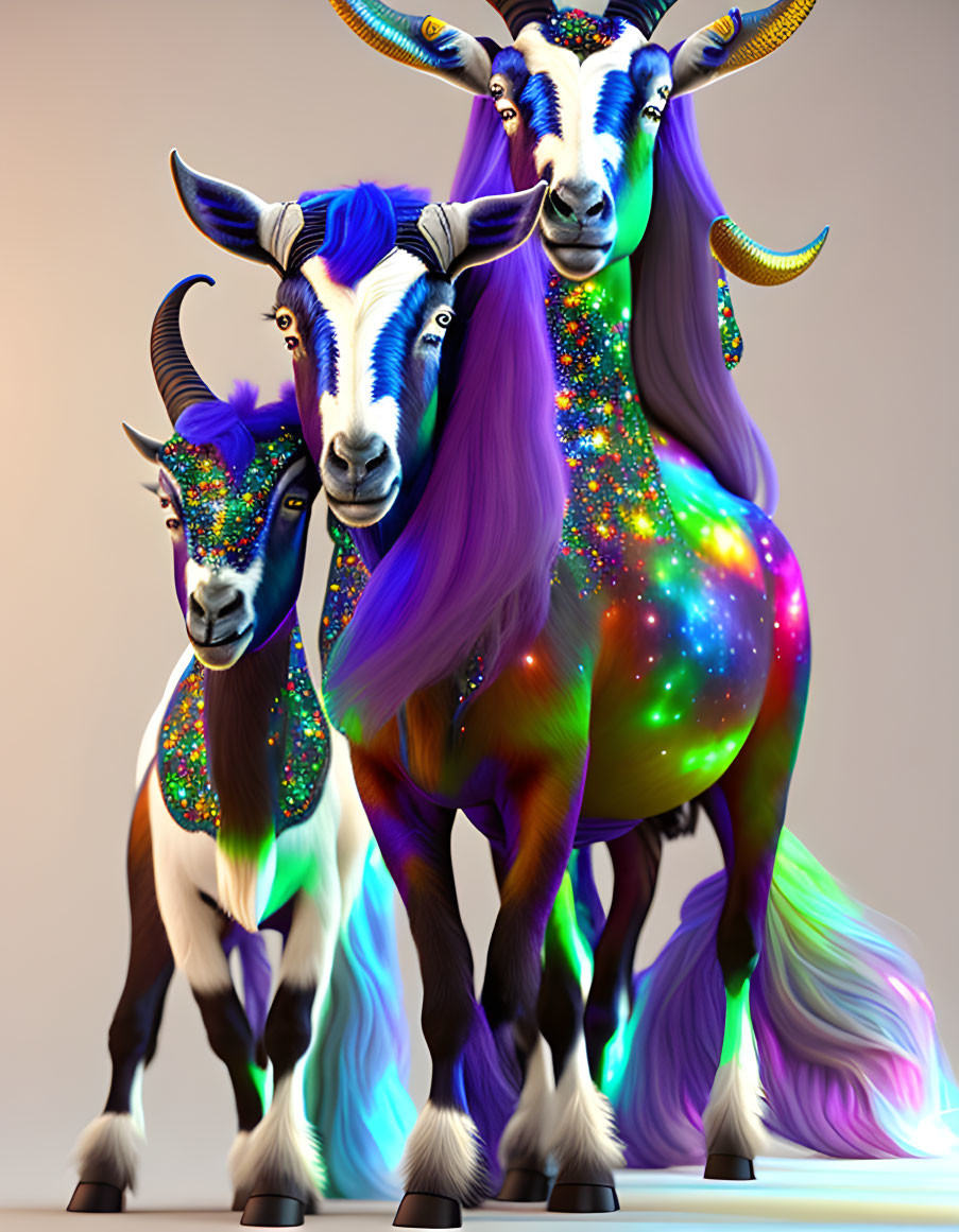 Colorful Jewelry-Adorned Goats on Soft-Focus Background