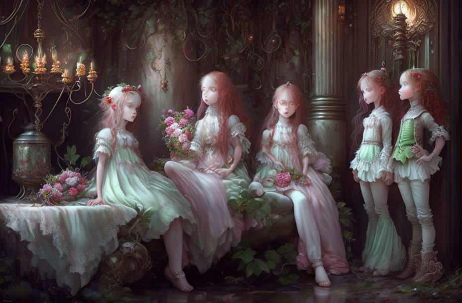 Ethereal girls in elegant dresses with florals in lush setting