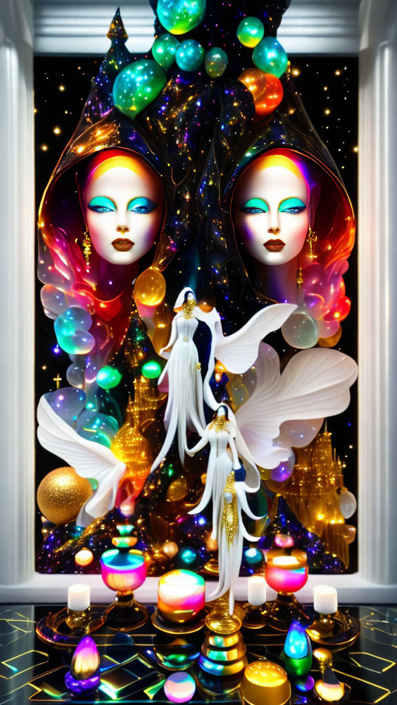 Colorful digital artwork of mirrored cosmic figures and serene woman with orbs and candles on starry backdrop