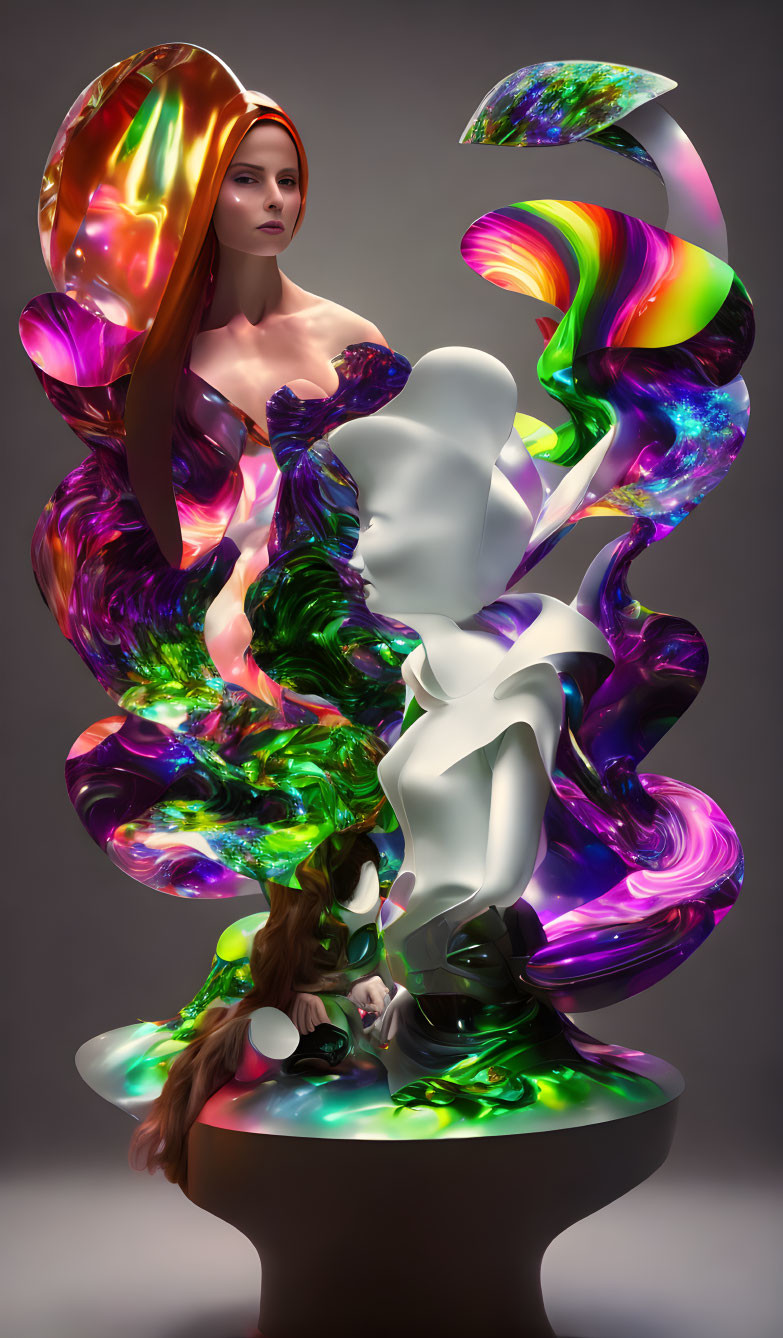 Surreal artwork of woman with iridescent swirling forms and white silhouette on gray background