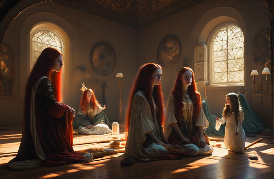 Red-haired group in vintage room with candles and sunlight.