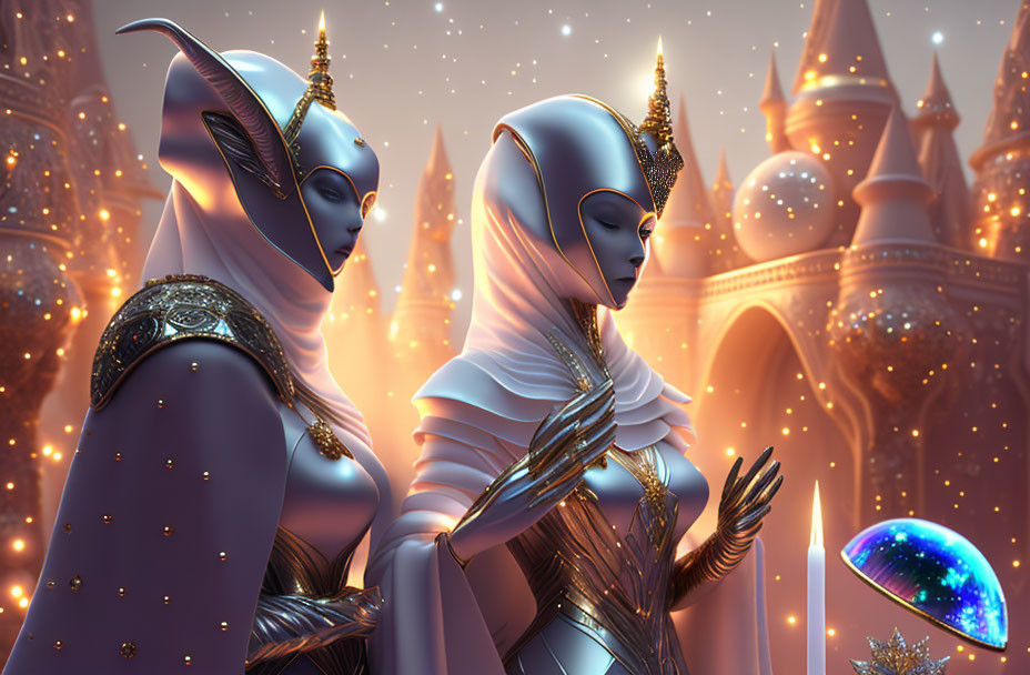 Metallic humanoid figures in regal attire under twilight sky