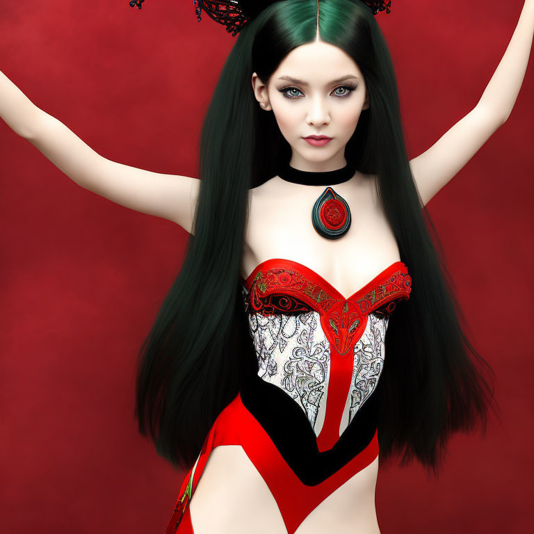 Digital artwork: Woman with green hair in red & white costume on red background