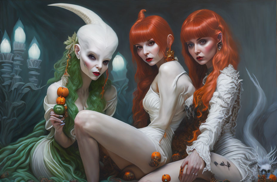 Pale-Skinned Red-Haired Fantasy Characters in Dark Setting