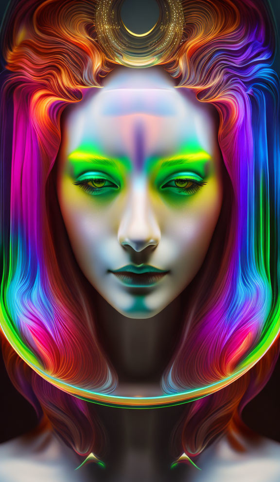 Vibrant digital artwork: Female figure with rainbow hair and crescent moon glow