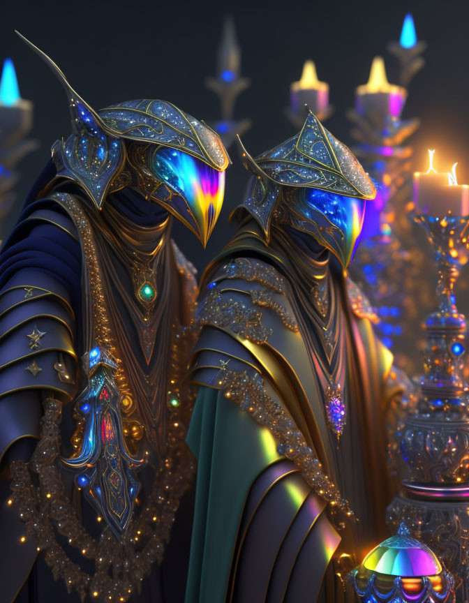 Intricately armored figure with glowing blue accents in candlelit setting