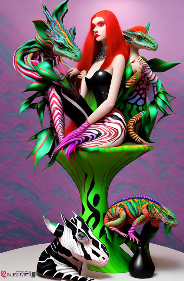 Surreal image: Red-haired woman with iguanas, zebra horse, pink and purple