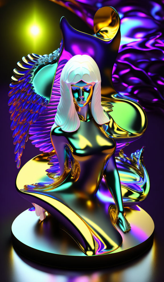 Surreal digital artwork: stylized woman with wings on golden structure