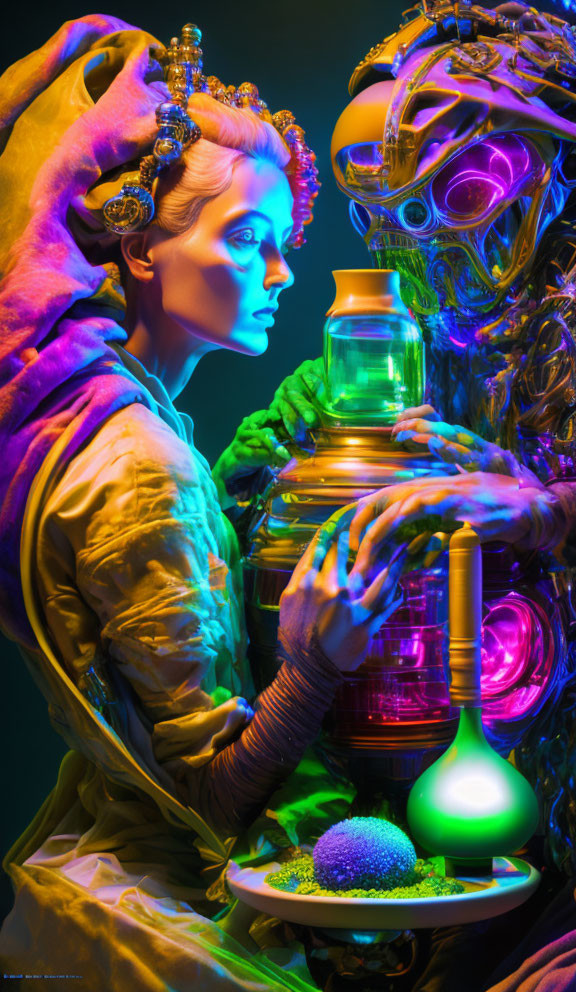 Colorful figures with ornate headdress and robotic features in a neon-lit scene.