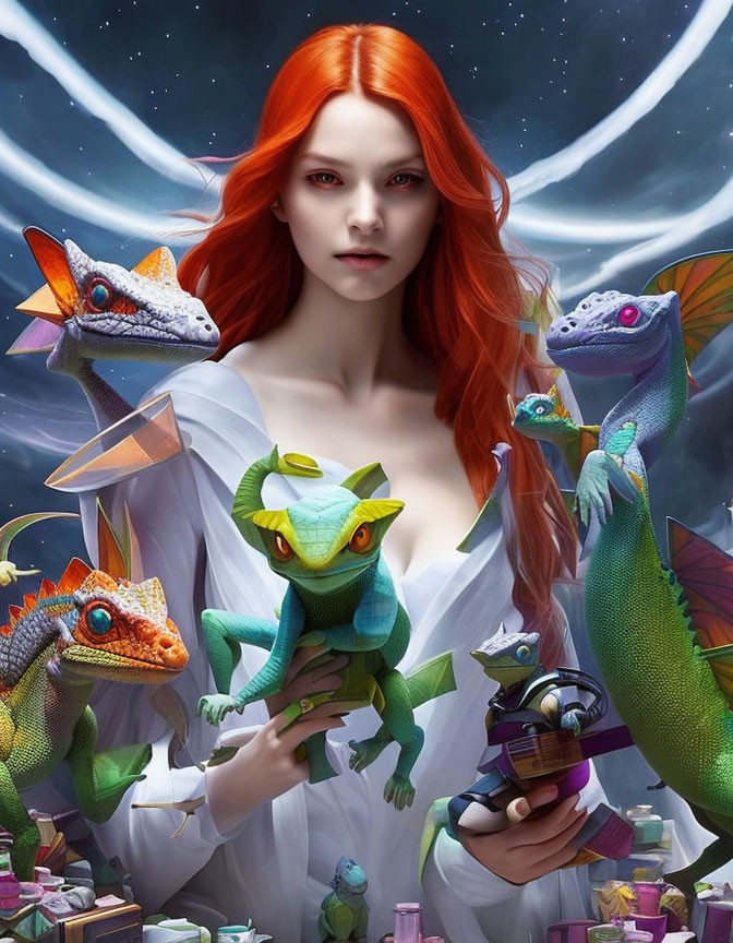 Fiery red-haired woman with whimsical lizards in cosmic setting.