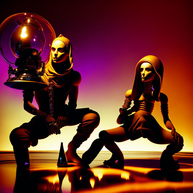 Futuristic humanoid figures with elongated limbs beside a glowing spherical device