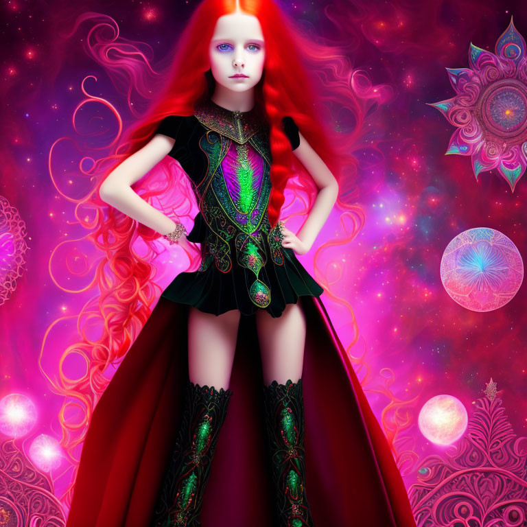 Stylized digital art: Female figure with red hair in cosmic setting