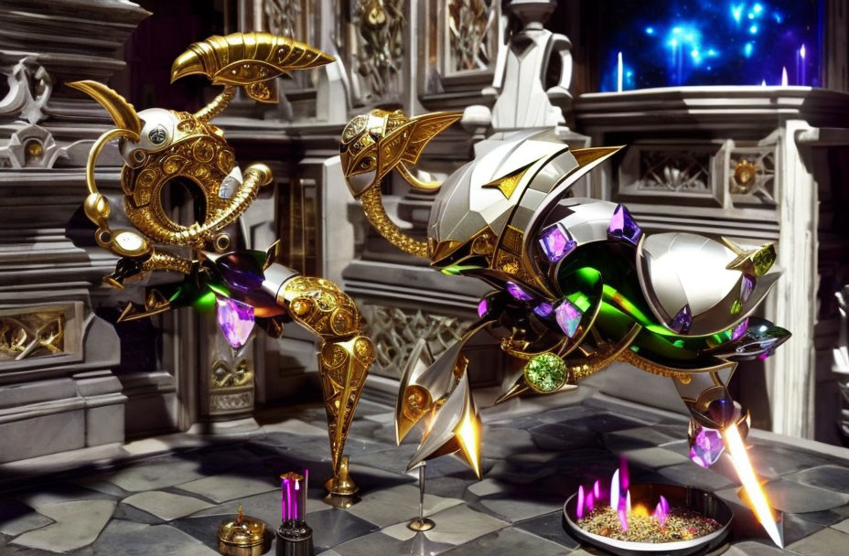 Golden Mechanical Creature with Purple Gems and White Armor Plates in Grand Interior