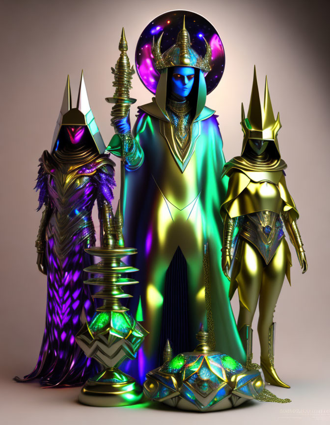 Futuristic figures in ornate neon armor with staffs on soft-lit backdrop