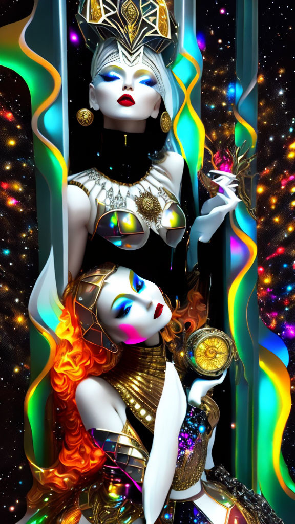 Futuristic female figures with elaborate makeup and costumes in neon-lit setting