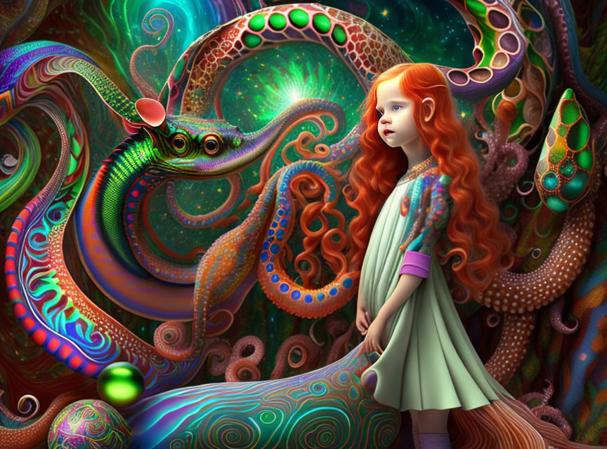 Red-Haired Girl in Surreal Landscape with Whimsical Snake Creature