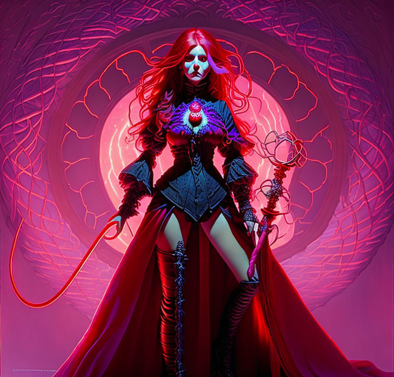 Stylized character with red hair, cape, scepter, corset, and heart-shaped mask