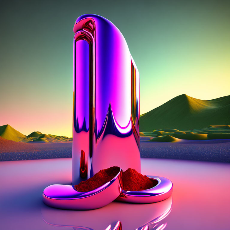 Metallic pink letter M on reflective surface in surreal desert landscape at dusk.