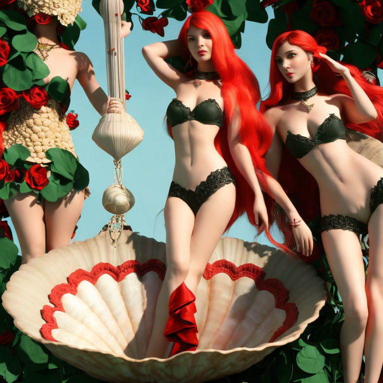 Three Red-Haired Models in Black Lingerie Pose Among Roses