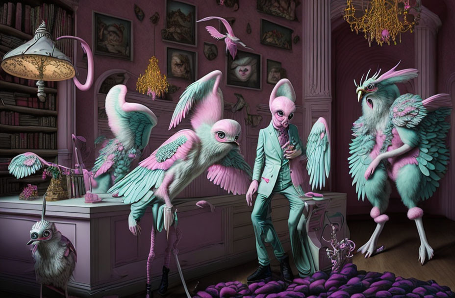 Anthropomorphic birds in elegant attire in a vintage purple room