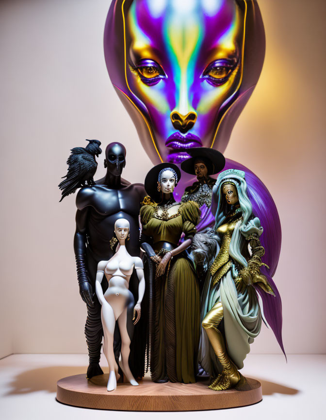 Six eclectic figures in futuristic and renaissance styles, one with a giant purple head