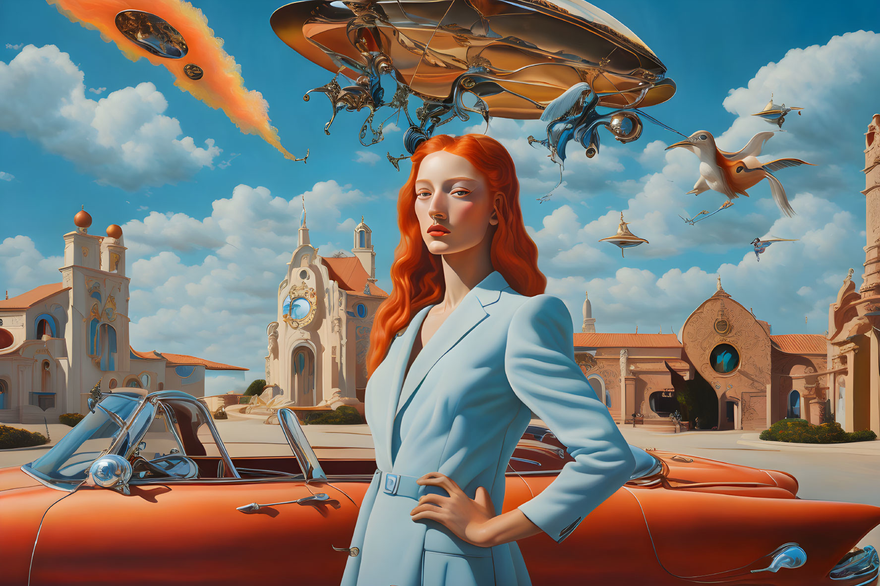 Red-haired woman poses by vintage car amidst surreal flying machines and fiery sky.